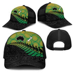 Australia New Zealand Rugby Mesh Trucker Cap Gradient Aboriginal Wallabies and Maori Black Fern - Aussie Hoodie