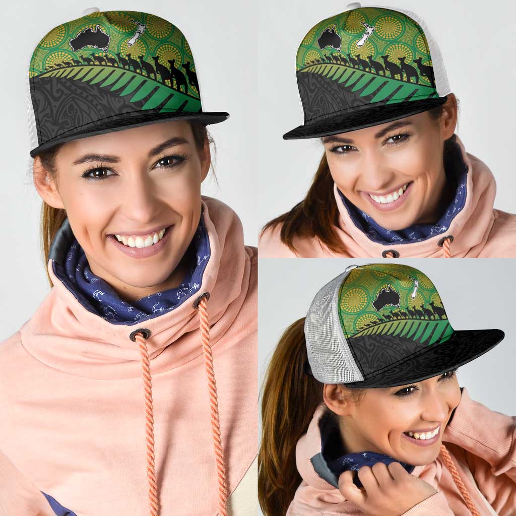 Australia New Zealand Rugby Mesh Trucker Cap Gradient Aboriginal Wallabies and Maori Black Fern - Aussie Hoodie