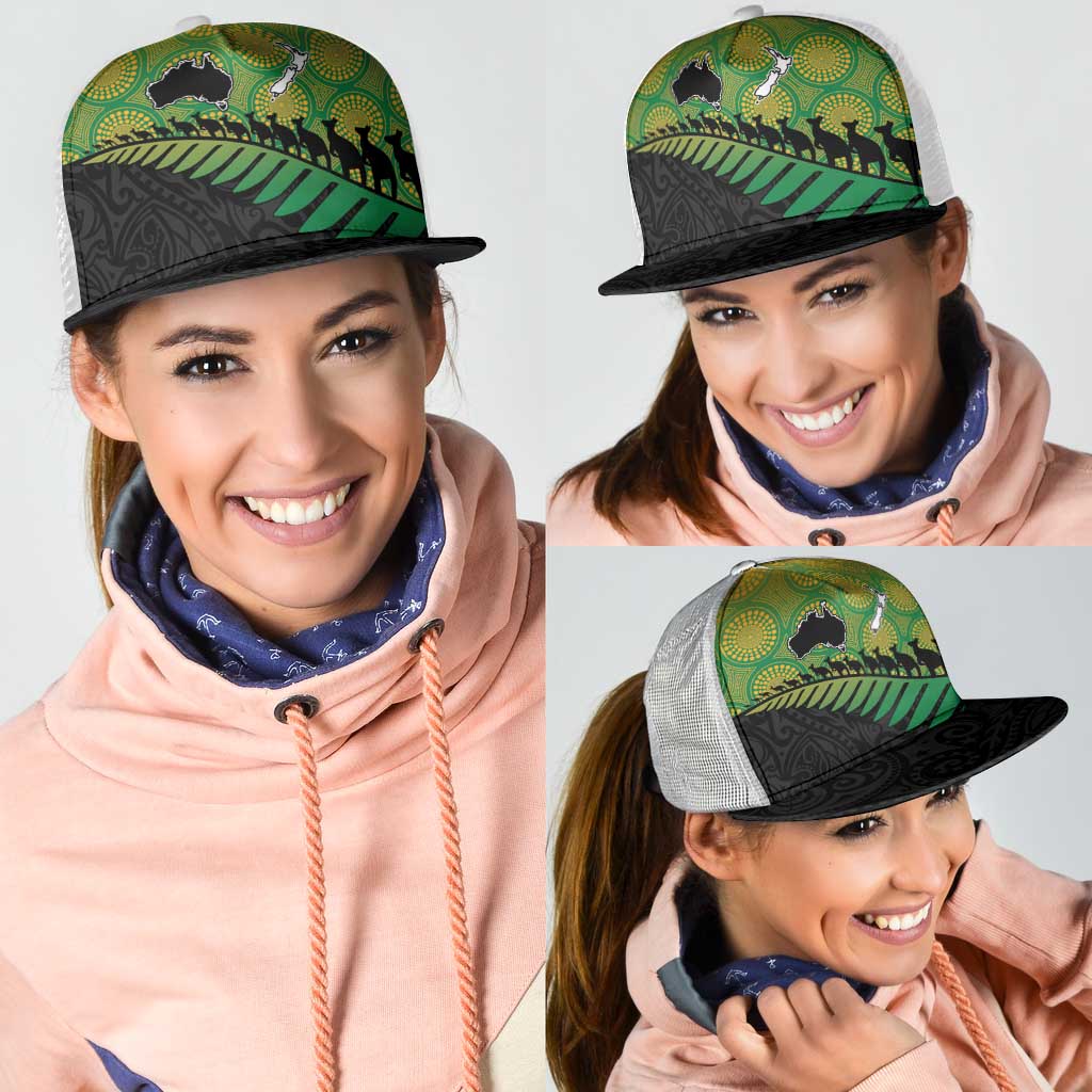 Australia New Zealand Rugby Mesh Trucker Cap Gradient Aboriginal Wallabies and Maori Black Fern - Aussie Hoodie