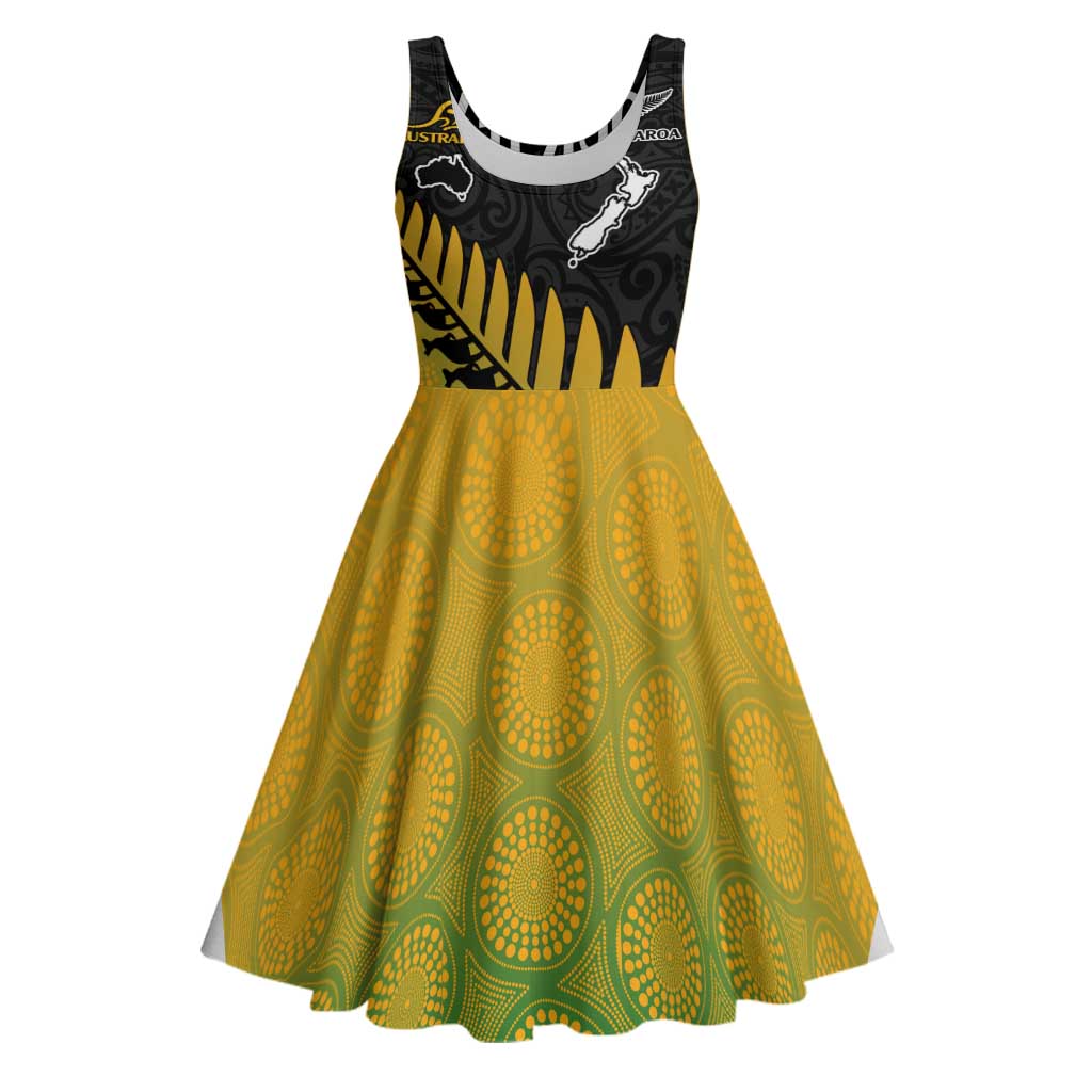 Australia New Zealand Rugby Midi Dress Gradient Aboriginal Wallabies and Maori Black Fern - Aussie Hoodie