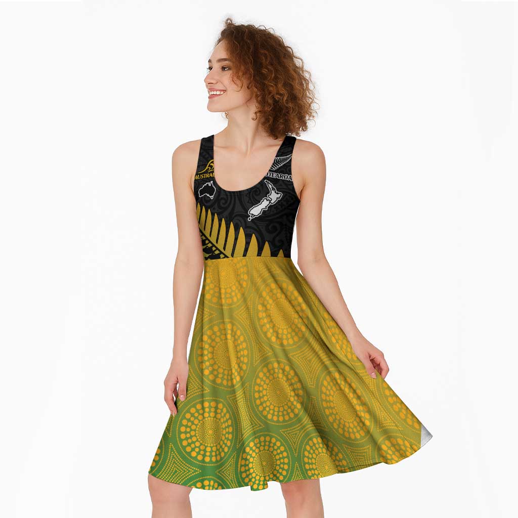 Australia New Zealand Rugby Midi Dress Gradient Aboriginal Wallabies and Maori Black Fern - Aussie Hoodie