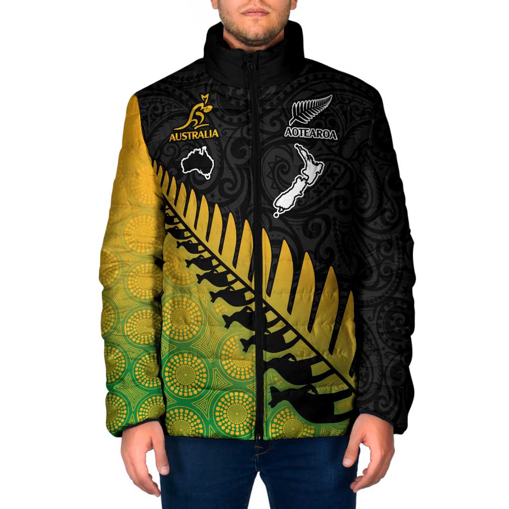 Australia New Zealand Rugby Padded Jacket Gradient Aboriginal Wallabies and Maori Black Fern - Aussie Hoodie