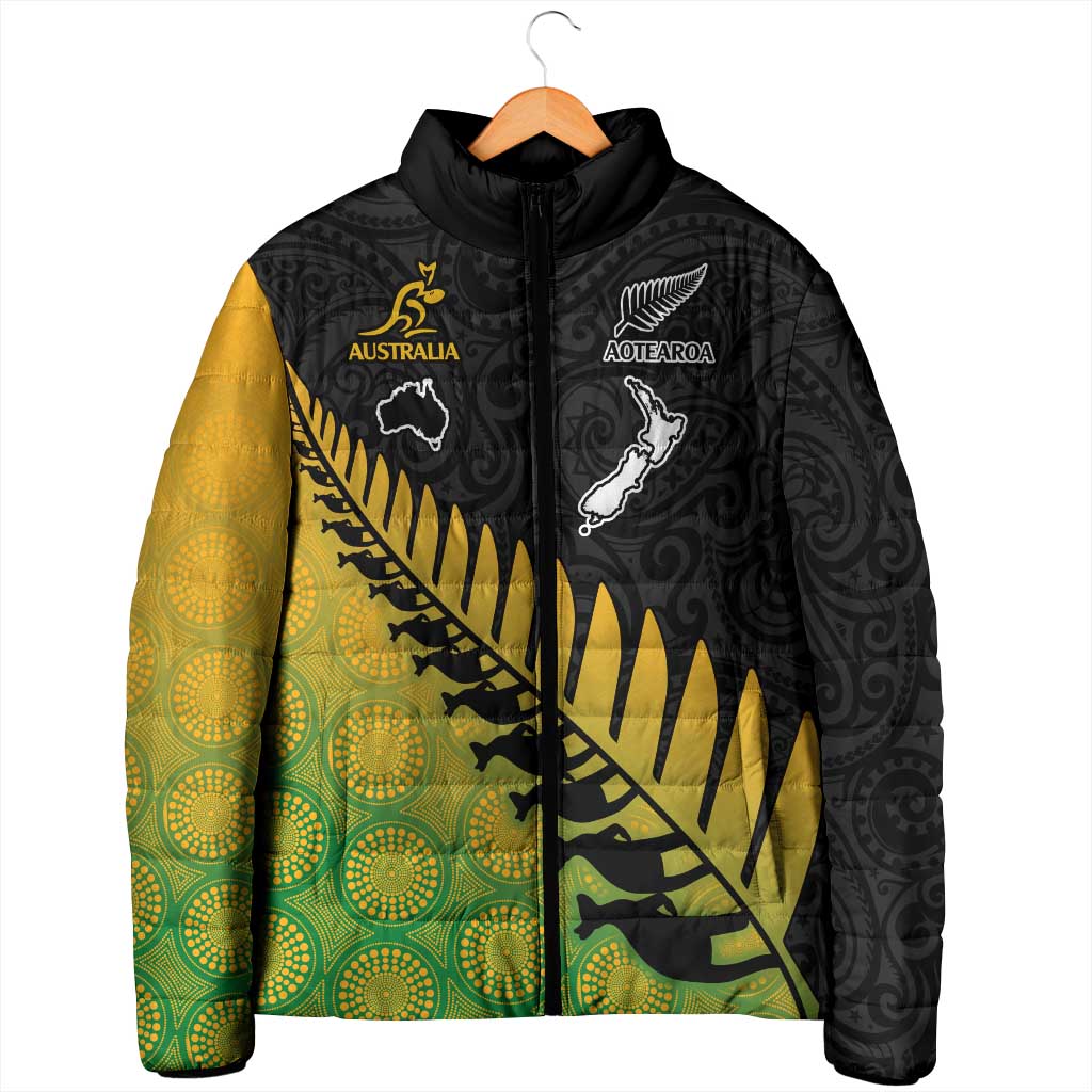 Australia New Zealand Rugby Padded Jacket Gradient Aboriginal Wallabies and Maori Black Fern - Aussie Hoodie