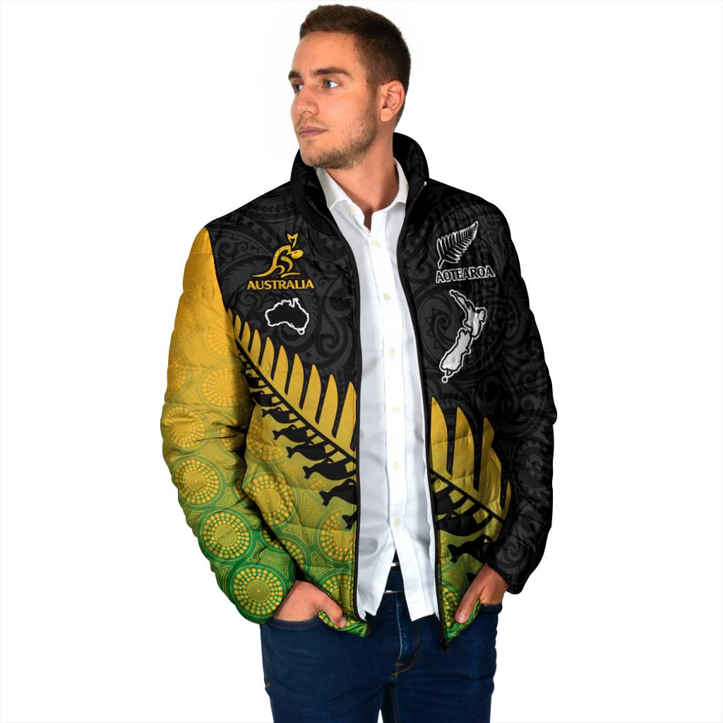 Australia New Zealand Rugby Padded Jacket Gradient Aboriginal Wallabies and Maori Black Fern - Aussie Hoodie