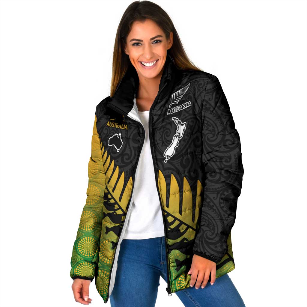 Australia New Zealand Rugby Padded Jacket Gradient Aboriginal Wallabies and Maori Black Fern - Aussie Hoodie