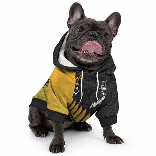 Custom Australia Wallabies and Aotearoa Rugby Pet Hoodie Kangaroo Black Fern Maori Gradient Vibe