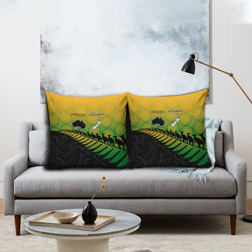 Australia New Zealand Rugby Pillow Cover Gradient Aboriginal Wallabies and Maori Black Fern - Aussie Hoodie