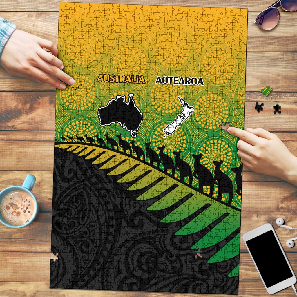Australia New Zealand Rugby Puzzle Gradient Aboriginal Wallabies and Maori Black Fern - Aussie Hoodie