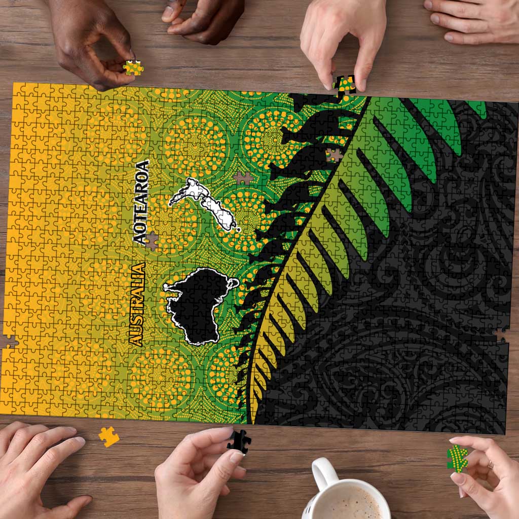 Australia New Zealand Rugby Puzzle Gradient Aboriginal Wallabies and Maori Black Fern - Aussie Hoodie