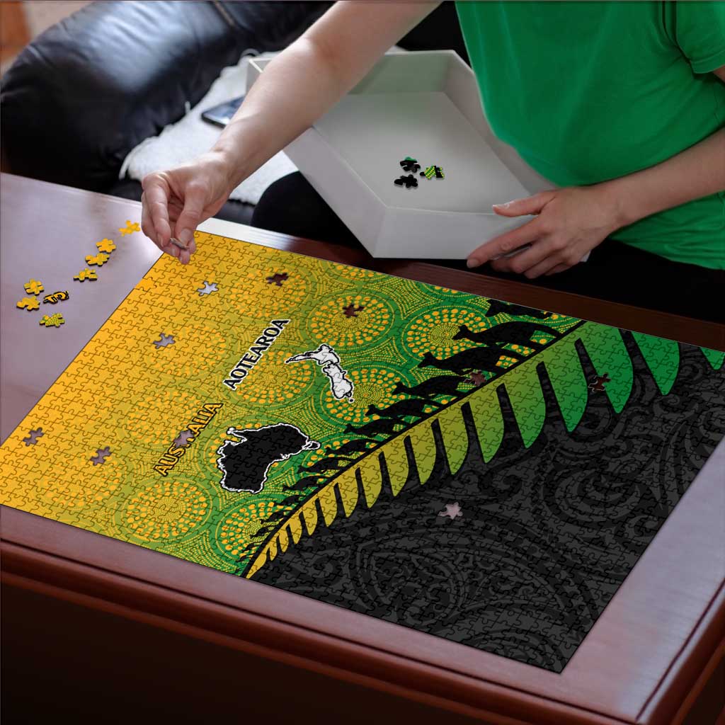 Australia New Zealand Rugby Puzzle Gradient Aboriginal Wallabies and Maori Black Fern - Aussie Hoodie