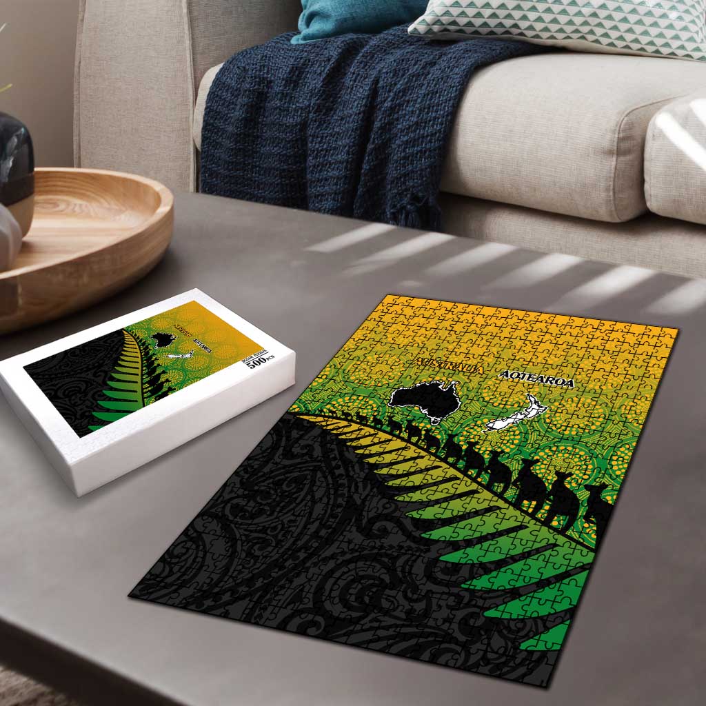 Australia New Zealand Rugby Puzzle Gradient Aboriginal Wallabies and Maori Black Fern - Aussie Hoodie