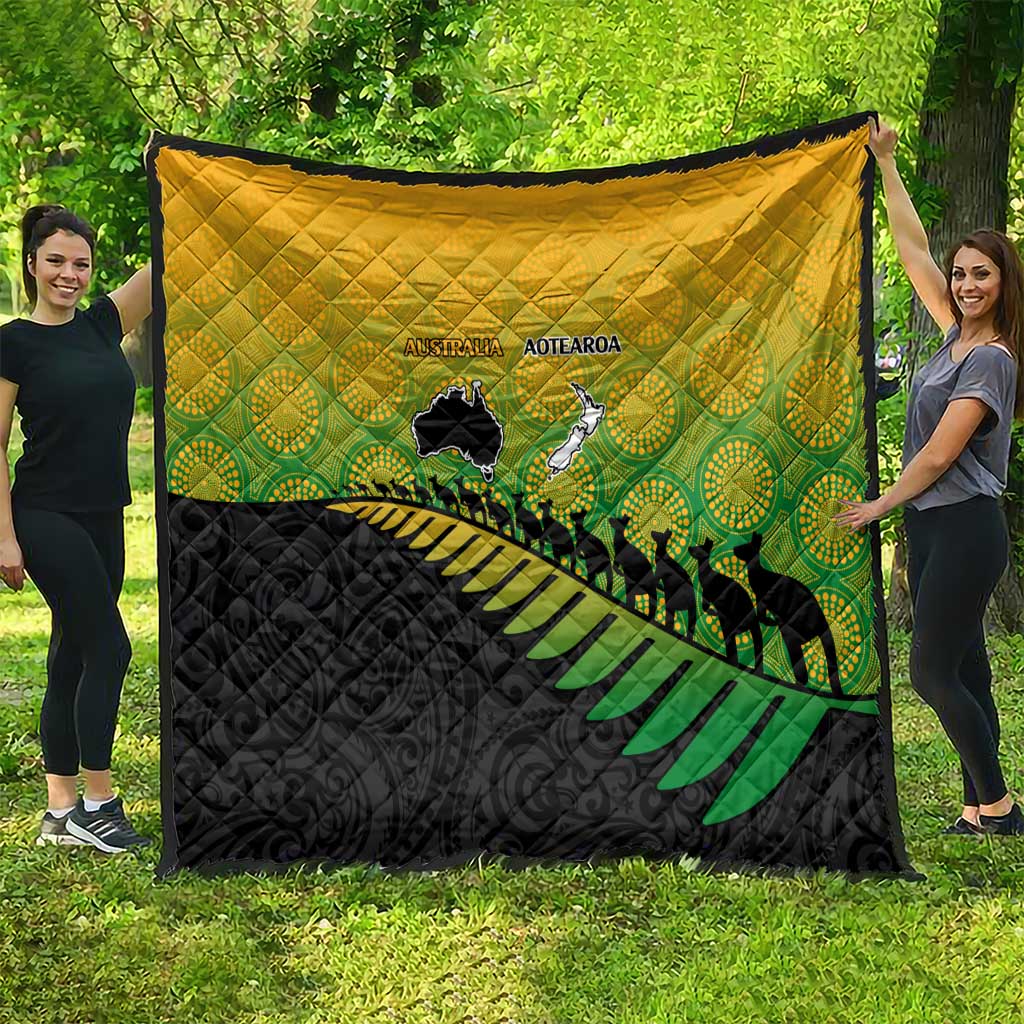 Australia New Zealand Rugby Quilt Gradient Aboriginal Wallabies and Maori Black Fern - Aussie Hoodie