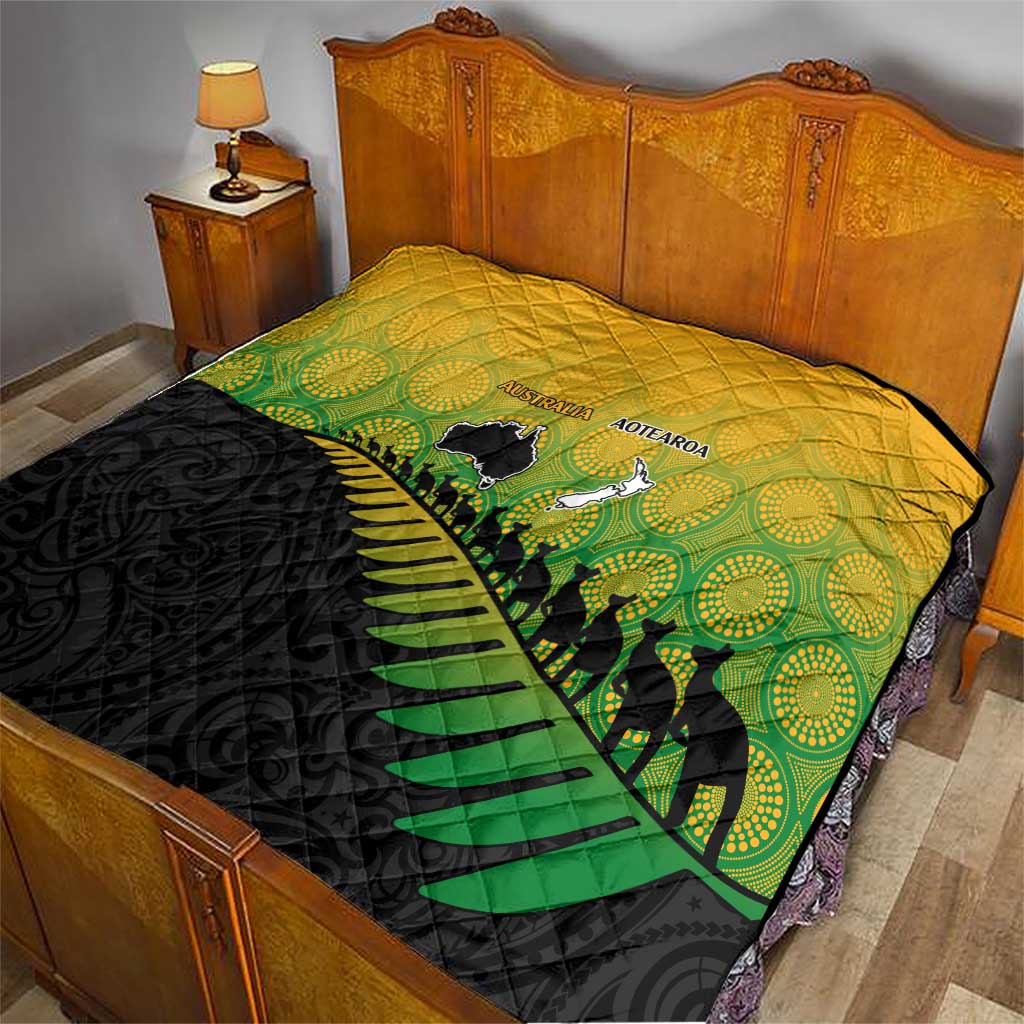 Australia New Zealand Rugby Quilt Gradient Aboriginal Wallabies and Maori Black Fern - Aussie Hoodie