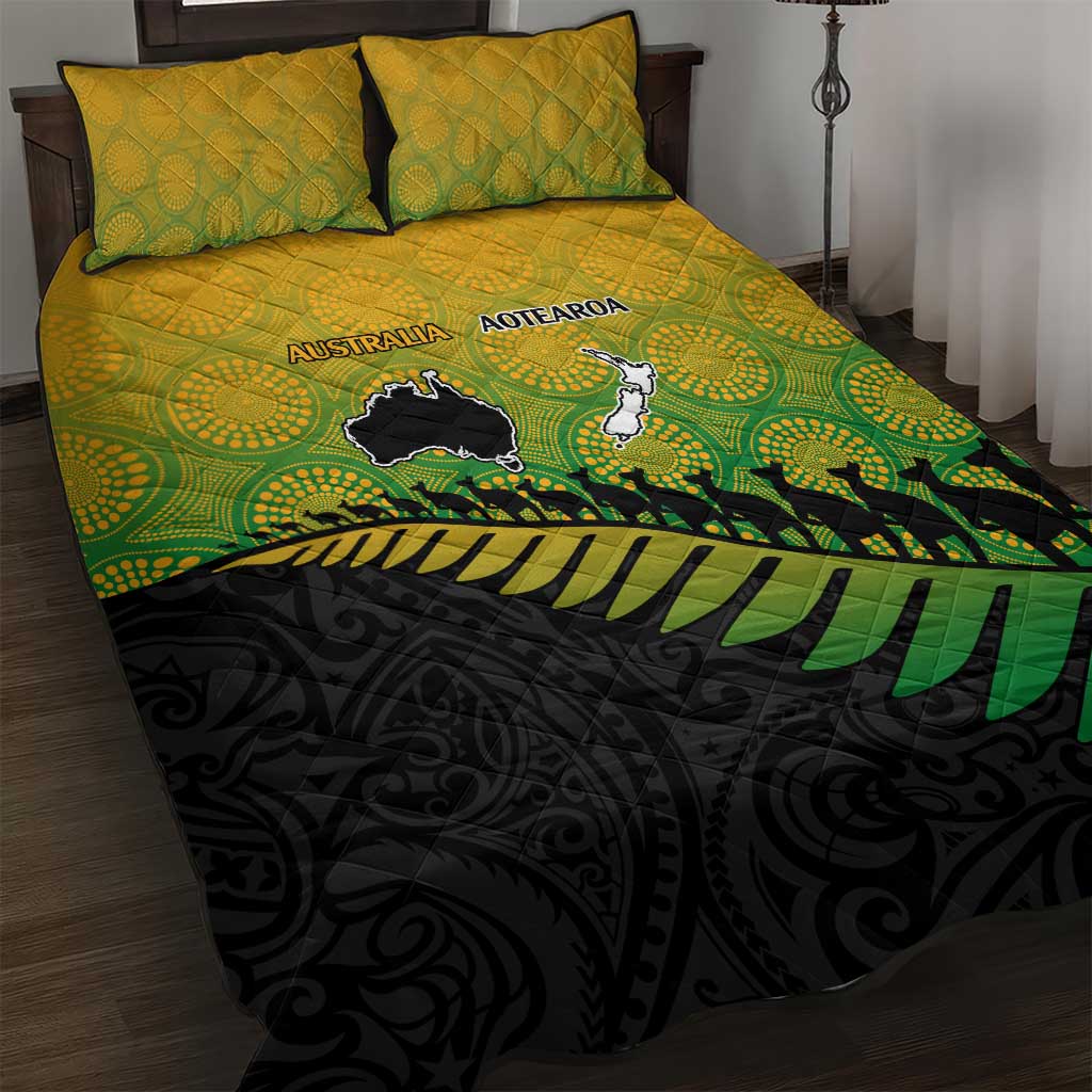 Australia New Zealand Rugby Quilt Bed Set Gradient Aboriginal Wallabies and Maori Black Fern - Aussie Hoodie