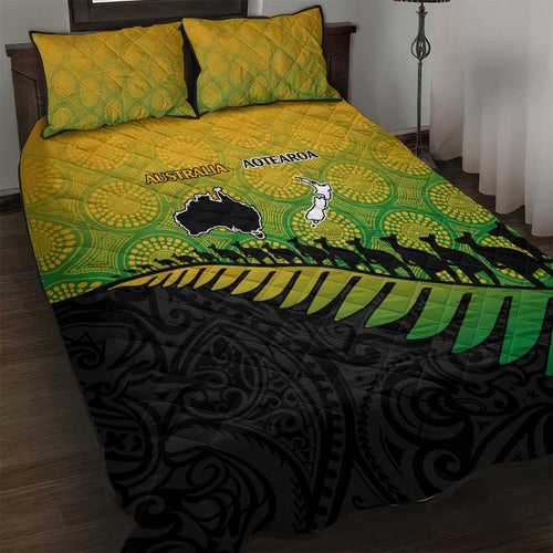 Australia New Zealand Rugby Quilt Bed Set Gradient Aboriginal Wallabies and Maori Black Fern - Aussie Hoodie