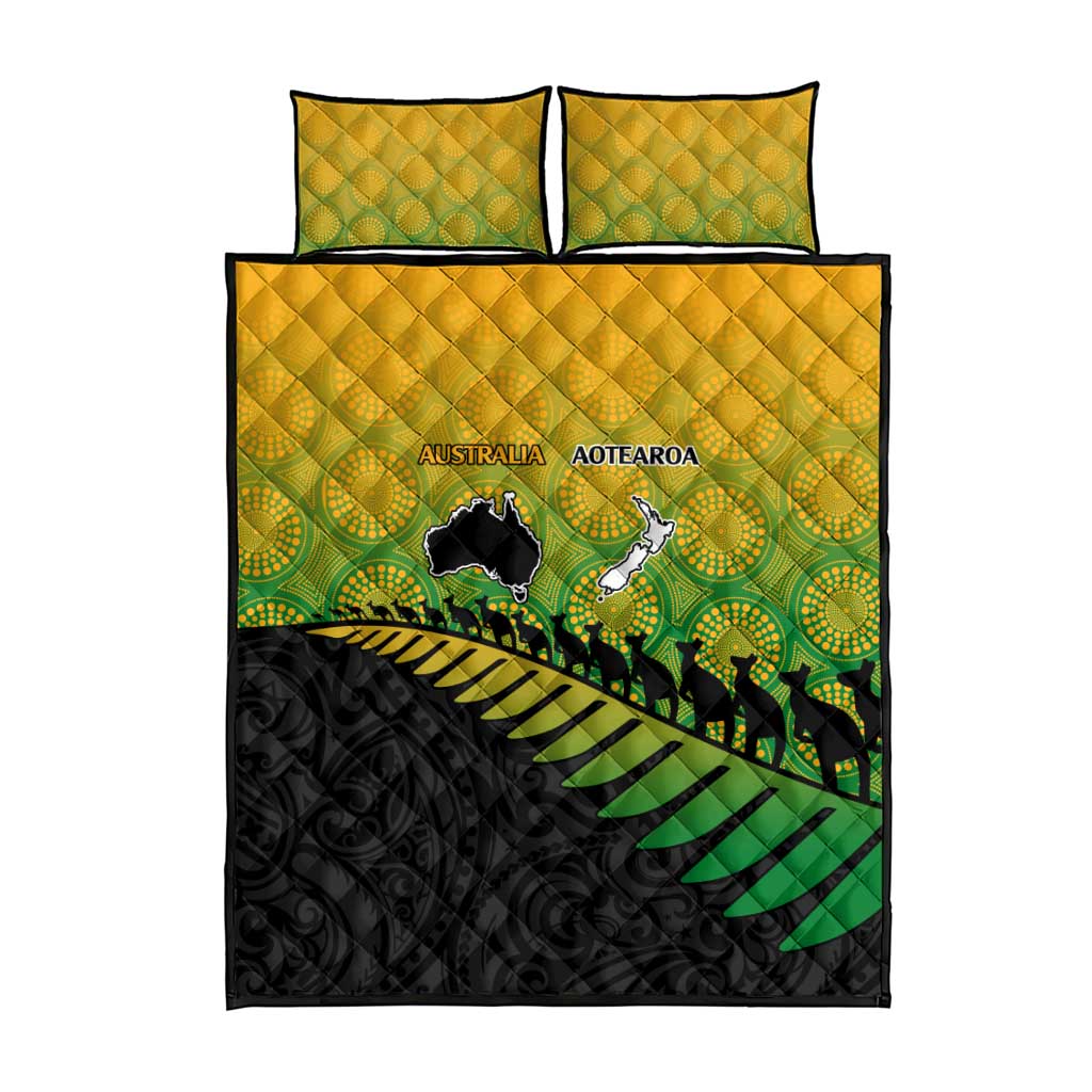 Australia New Zealand Rugby Quilt Bed Set Gradient Aboriginal Wallabies and Maori Black Fern - Aussie Hoodie