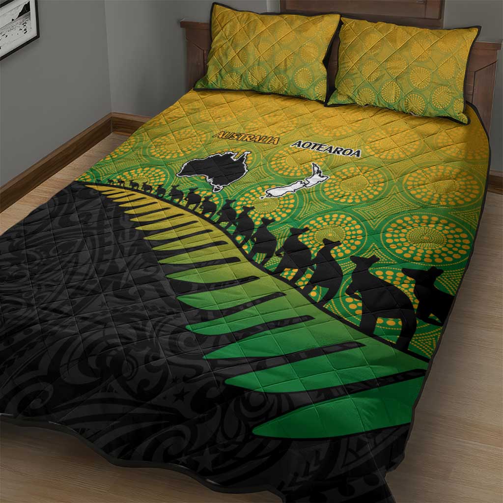 Australia New Zealand Rugby Quilt Bed Set Gradient Aboriginal Wallabies and Maori Black Fern - Aussie Hoodie