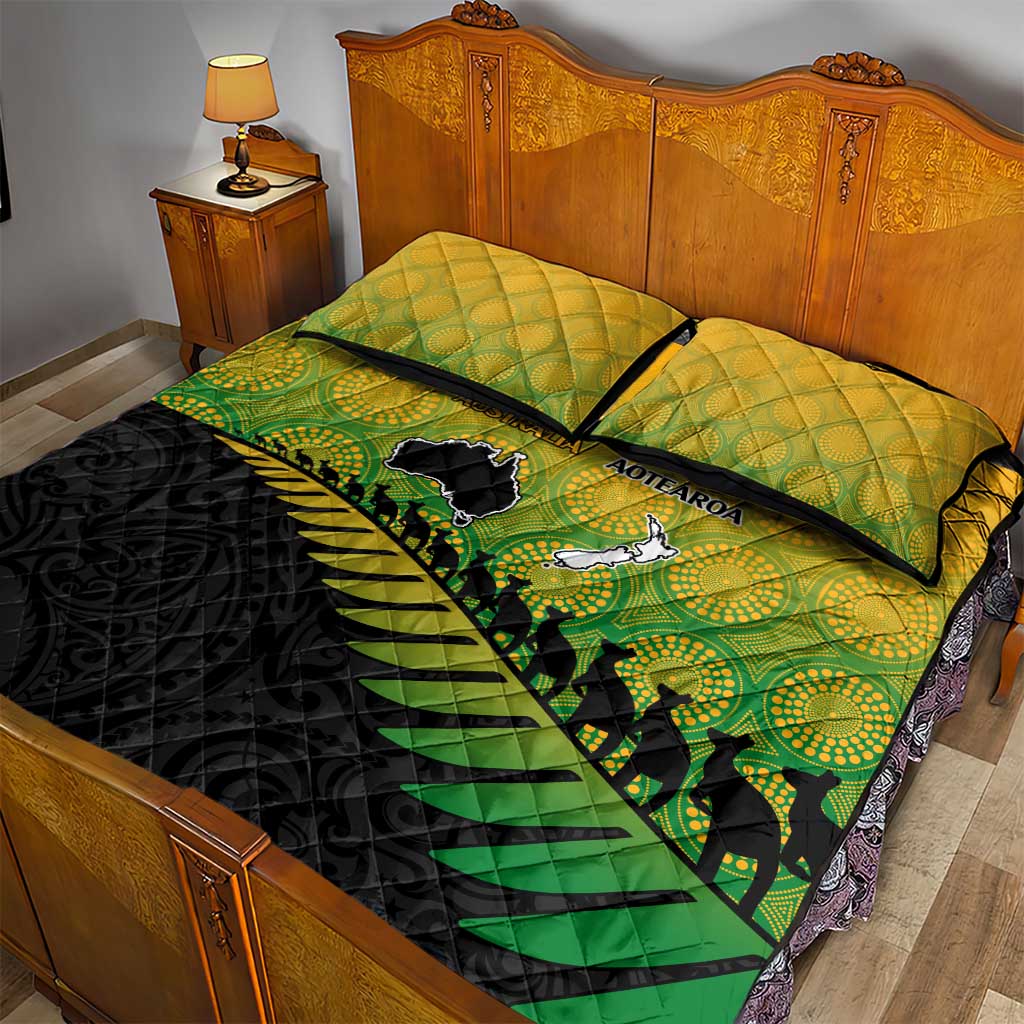 Australia New Zealand Rugby Quilt Bed Set Gradient Aboriginal Wallabies and Maori Black Fern - Aussie Hoodie