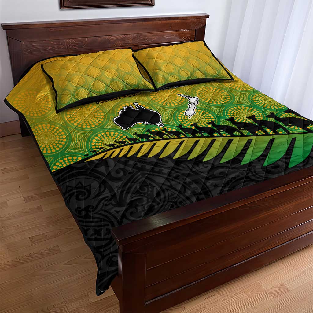 Australia New Zealand Rugby Quilt Bed Set Gradient Aboriginal Wallabies and Maori Black Fern - Aussie Hoodie