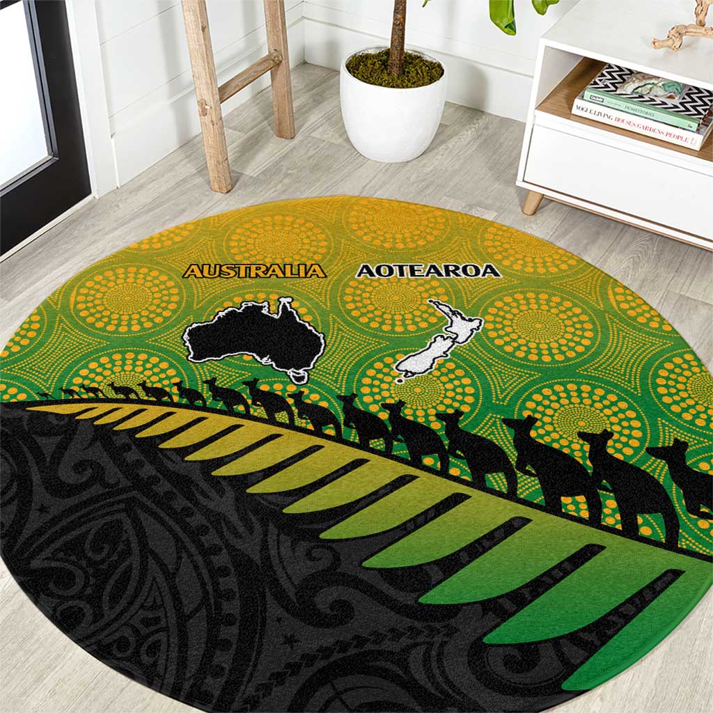 Australia New Zealand Rugby Round Carpet Gradient Aboriginal Wallabies and Maori Black Fern - Aussie Hoodie
