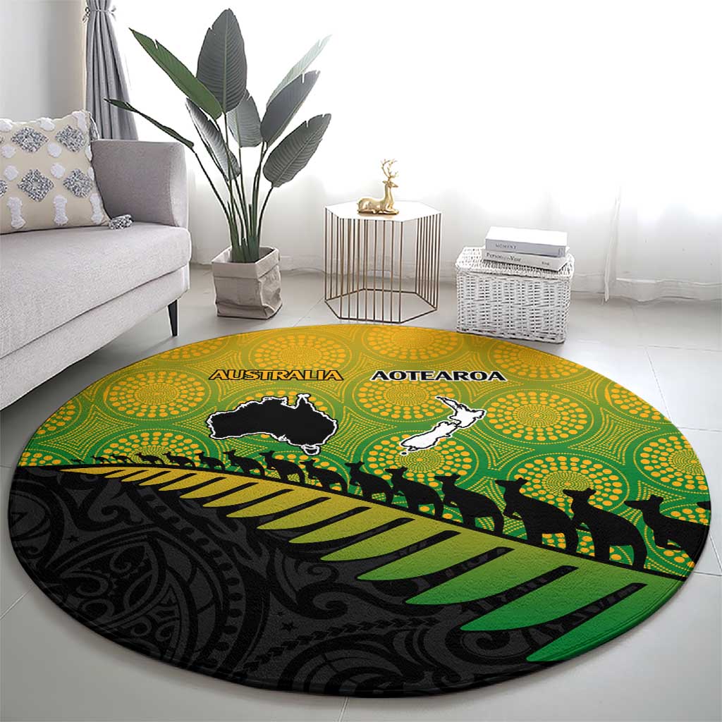 Australia New Zealand Rugby Round Carpet Gradient Aboriginal Wallabies and Maori Black Fern - Aussie Hoodie