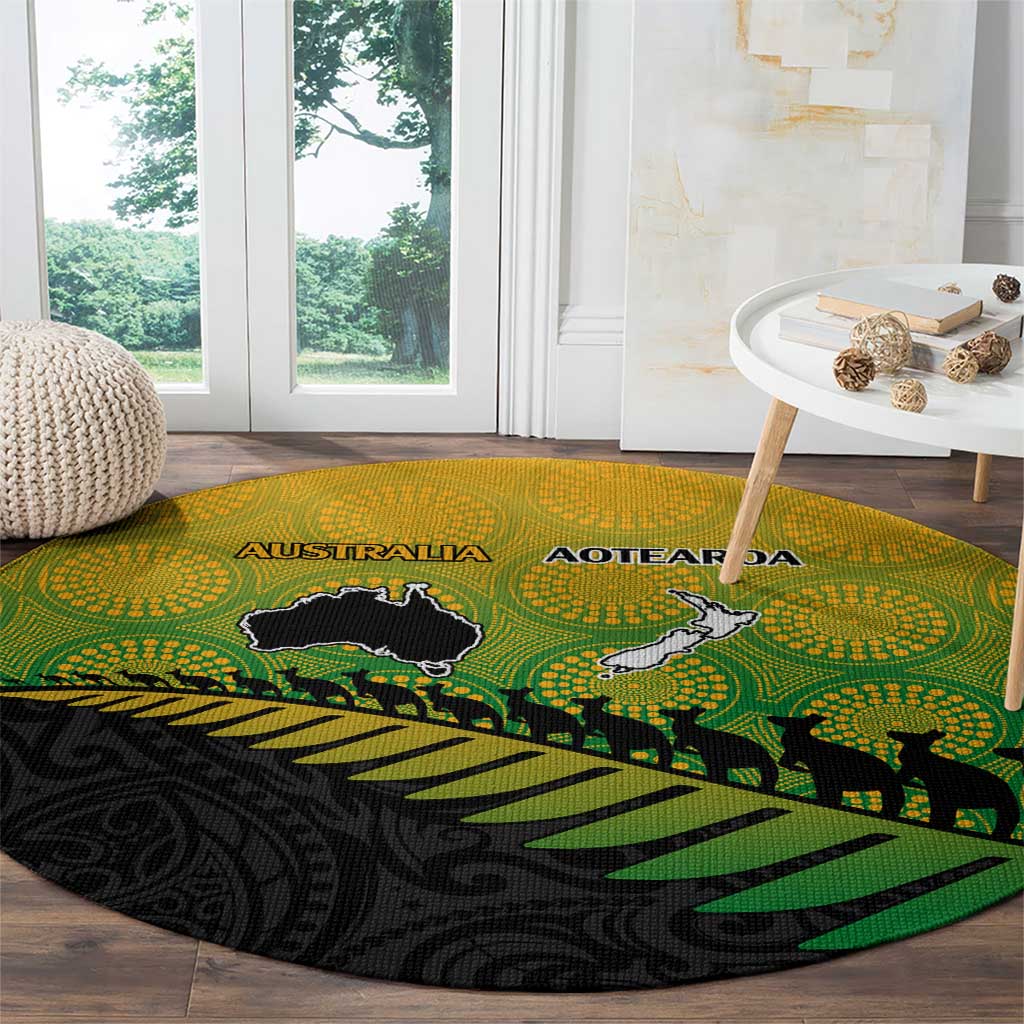 Australia New Zealand Rugby Round Carpet Gradient Aboriginal Wallabies and Maori Black Fern - Aussie Hoodie