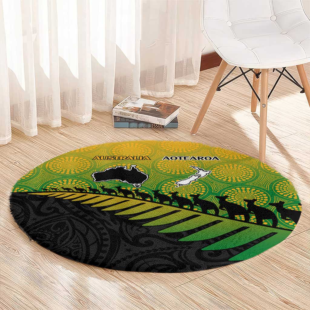 Australia New Zealand Rugby Round Carpet Gradient Aboriginal Wallabies and Maori Black Fern - Aussie Hoodie