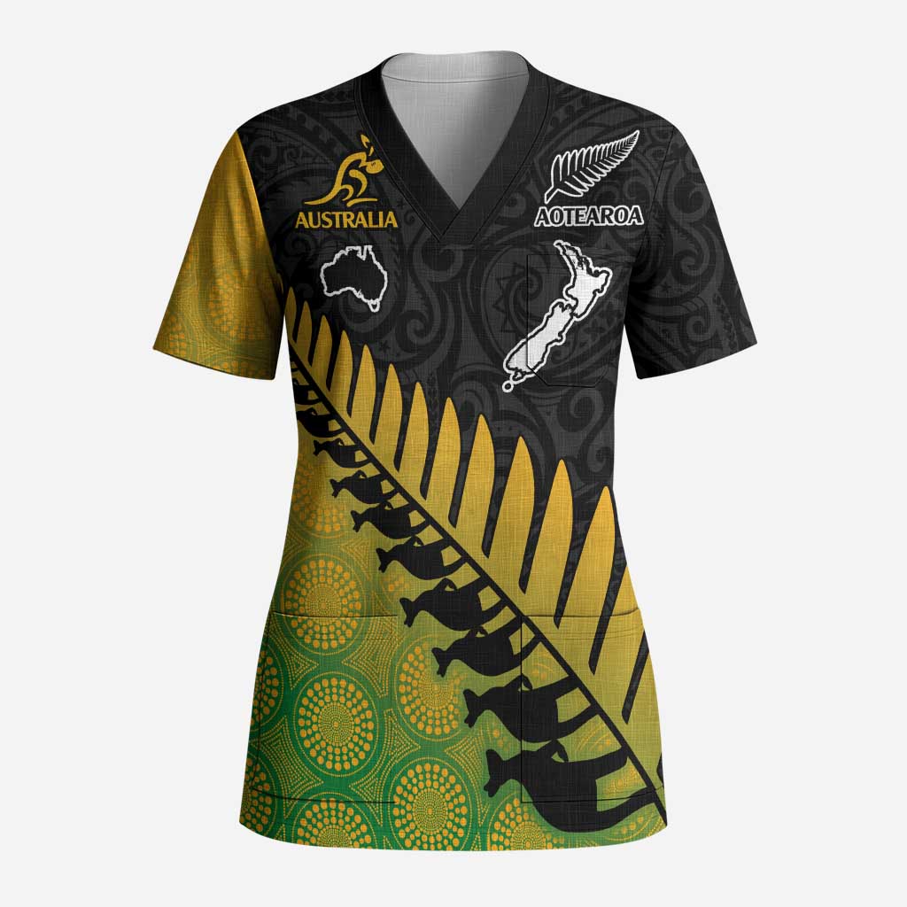 Australia New Zealand Rugby Scrub Top Gradient Aboriginal Wallabies and Maori Black Fern - Aussie Hoodie