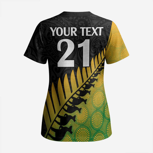 Australia New Zealand Rugby Scrub Top Gradient Aboriginal Wallabies and Maori Black Fern - Aussie Hoodie