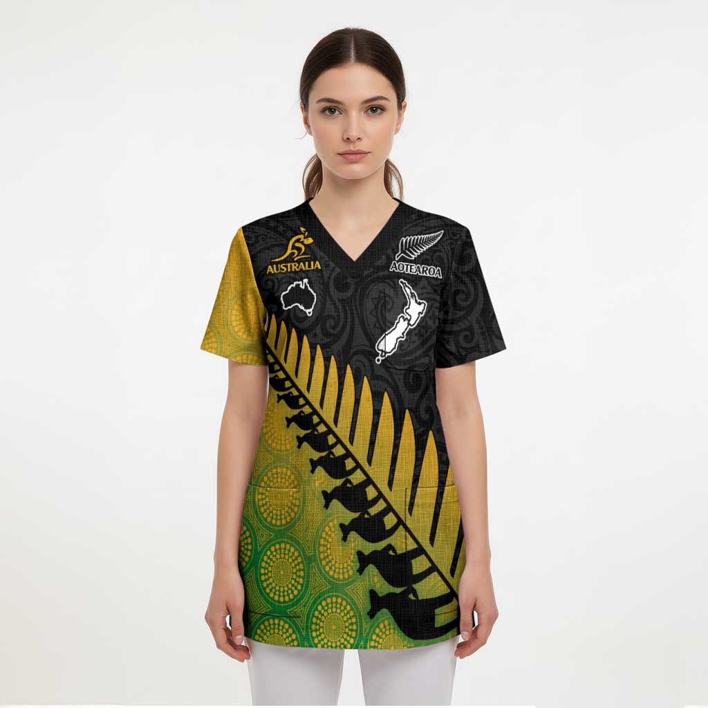 Australia New Zealand Rugby Scrub Top Gradient Aboriginal Wallabies and Maori Black Fern - Aussie Hoodie