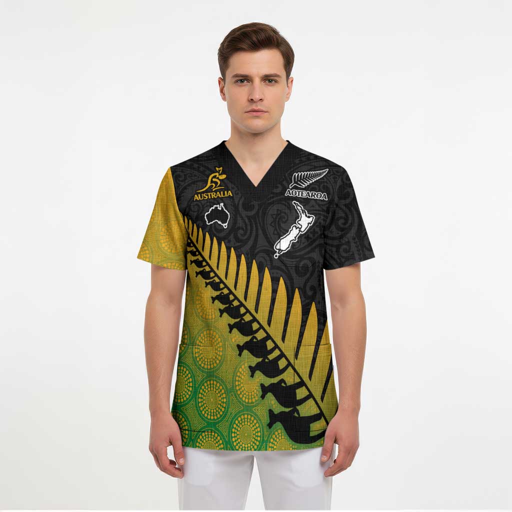 Australia New Zealand Rugby Scrub Top Gradient Aboriginal Wallabies and Maori Black Fern - Aussie Hoodie