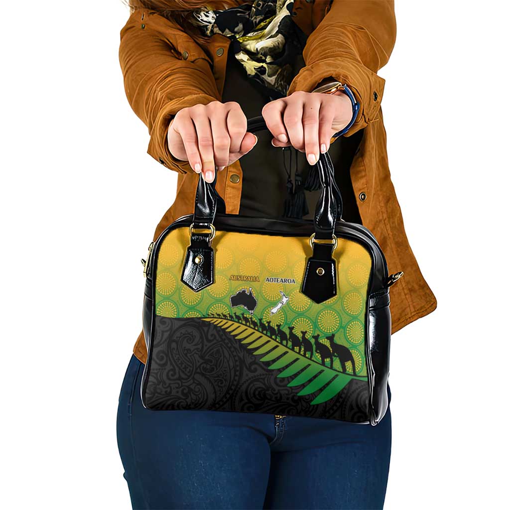 Australia New Zealand Rugby Shoulder Handbag Gradient Aboriginal Wallabies and Maori Black Fern - Aussie Hoodie