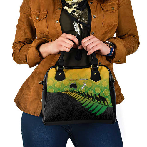 Australia New Zealand Rugby Shoulder Handbag Gradient Aboriginal Wallabies and Maori Black Fern - Aussie Hoodie