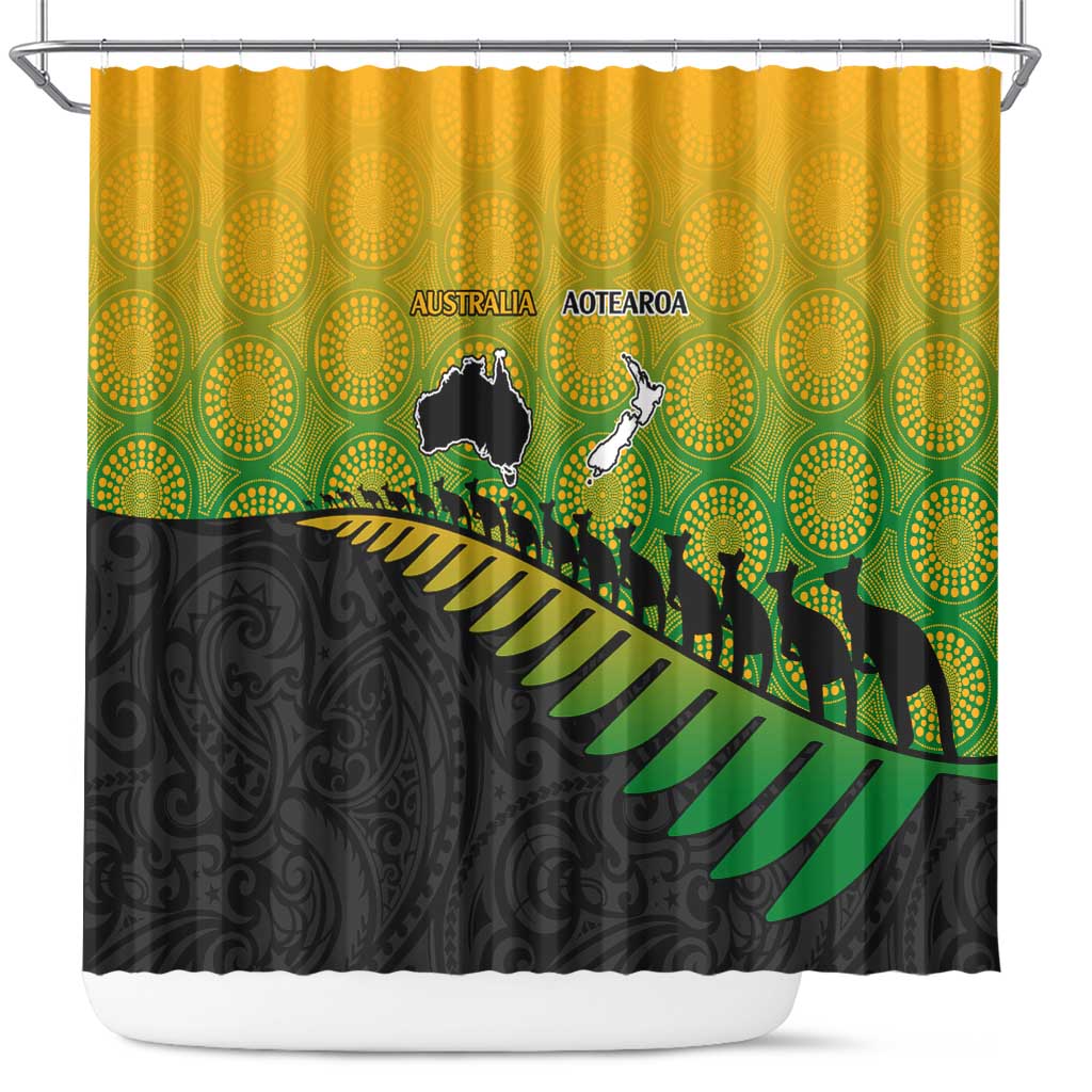 Australia New Zealand Rugby Shower Curtain Gradient Aboriginal Wallabies and Maori Black Fern - Aussie Hoodie