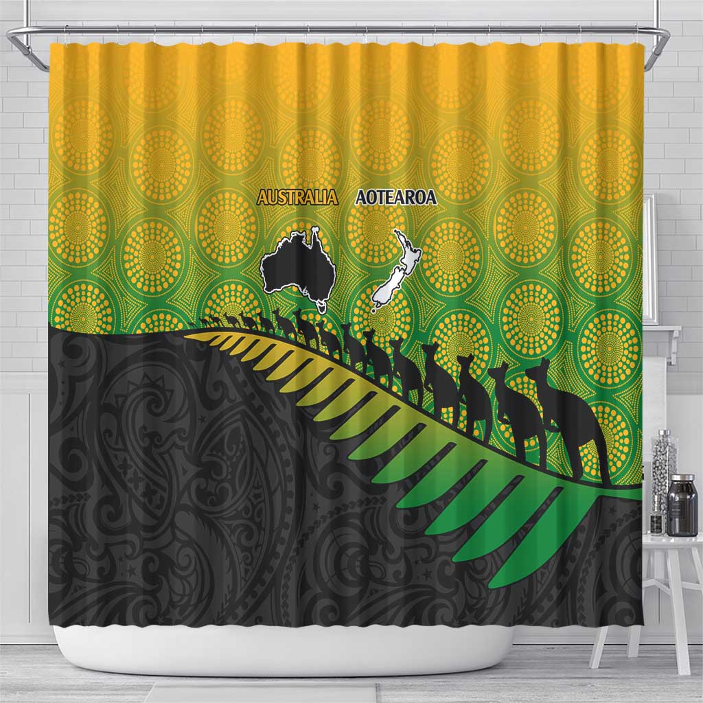 Australia New Zealand Rugby Shower Curtain Gradient Aboriginal Wallabies and Maori Black Fern - Aussie Hoodie