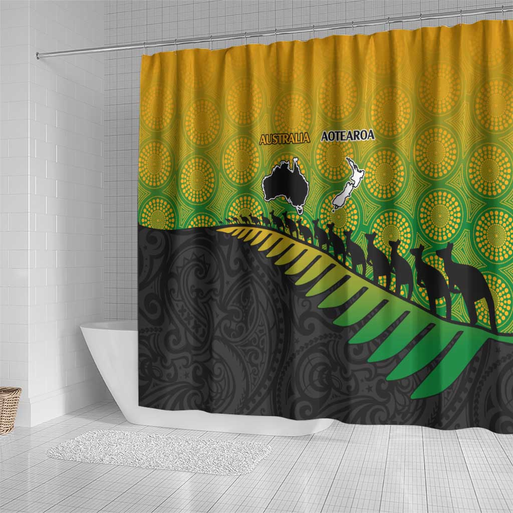 Australia New Zealand Rugby Shower Curtain Gradient Aboriginal Wallabies and Maori Black Fern - Aussie Hoodie