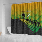 Australia New Zealand Rugby Shower Curtain Gradient Aboriginal Wallabies and Maori Black Fern - Aussie Hoodie