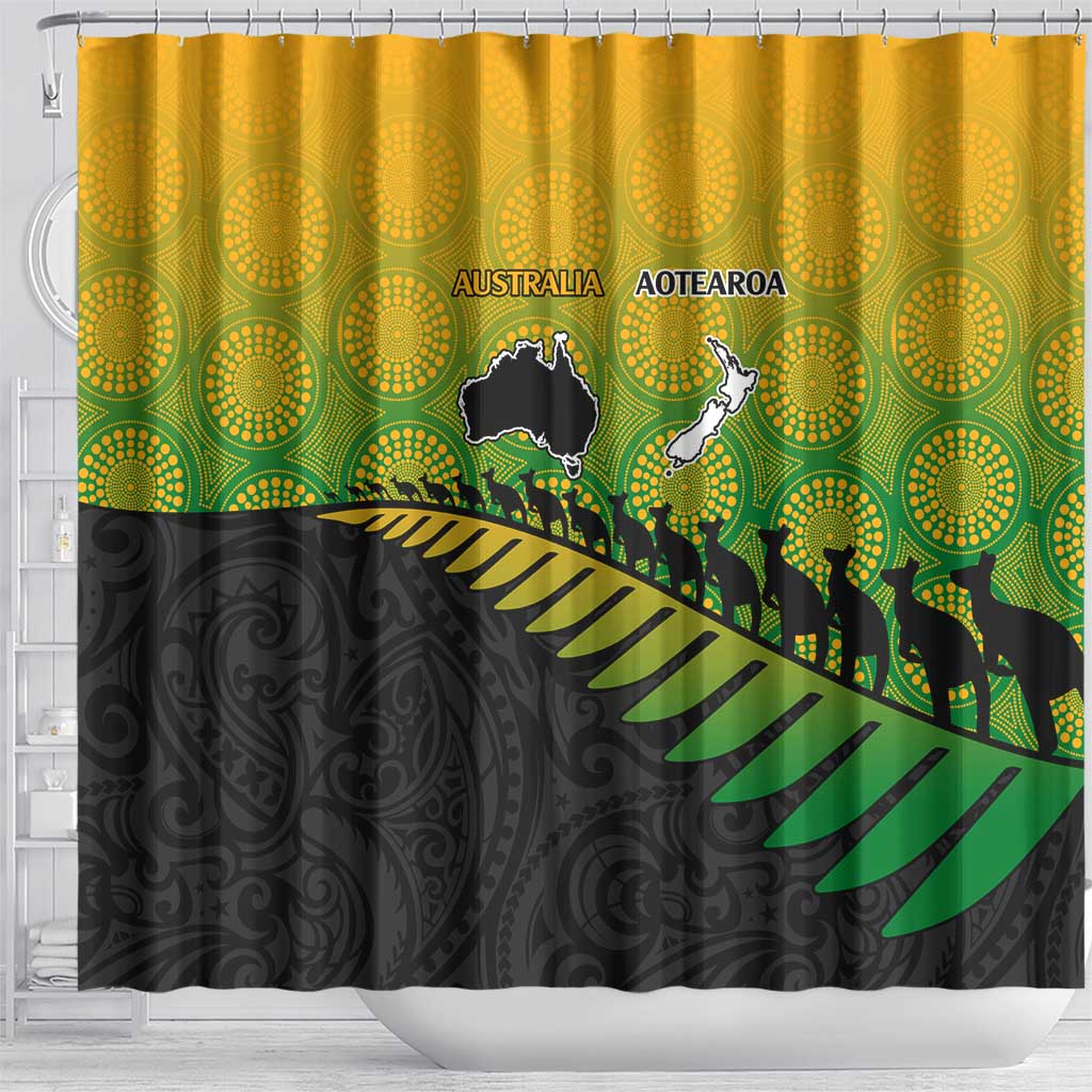 Australia New Zealand Rugby Shower Curtain Gradient Aboriginal Wallabies and Maori Black Fern - Aussie Hoodie