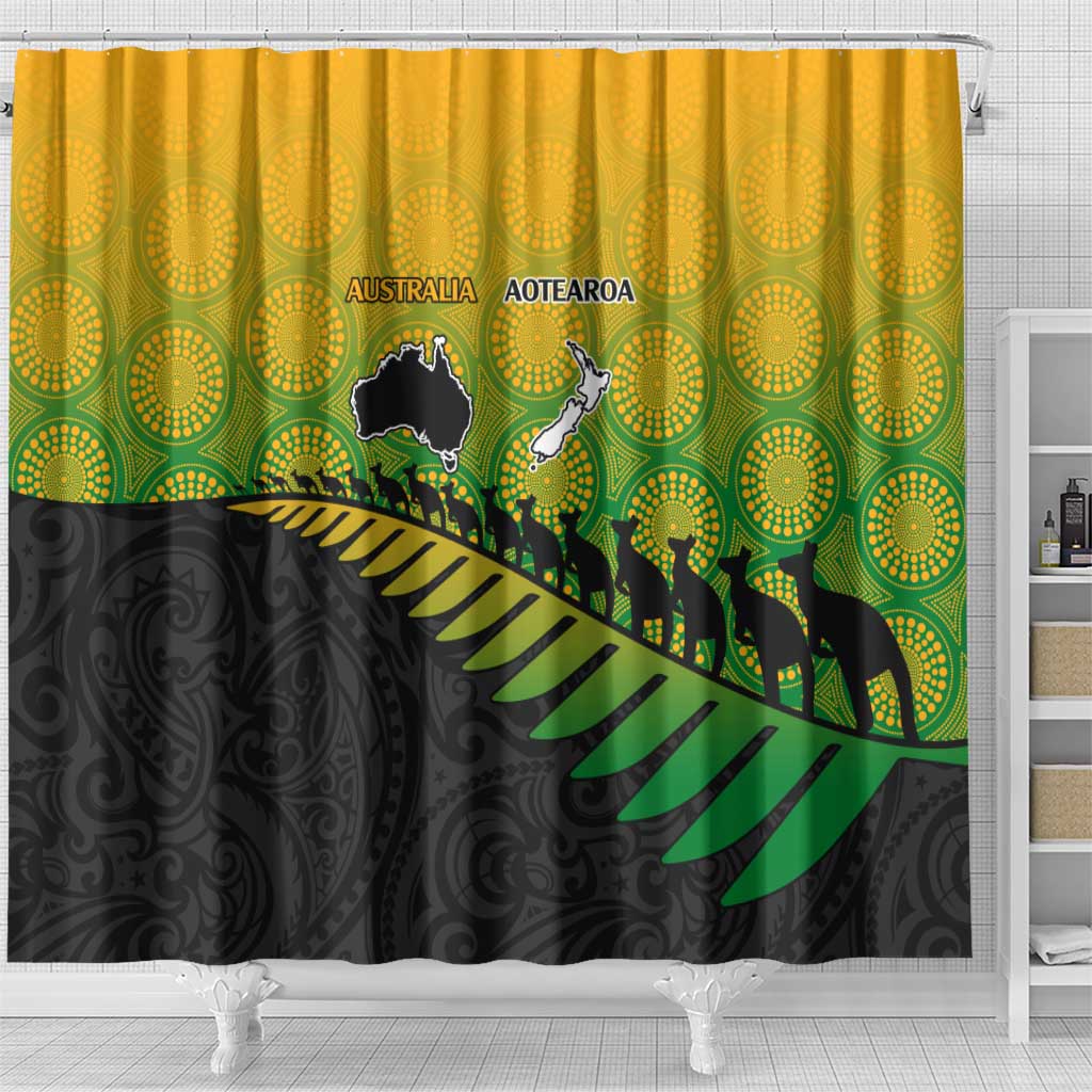 Australia New Zealand Rugby Shower Curtain Gradient Aboriginal Wallabies and Maori Black Fern - Aussie Hoodie