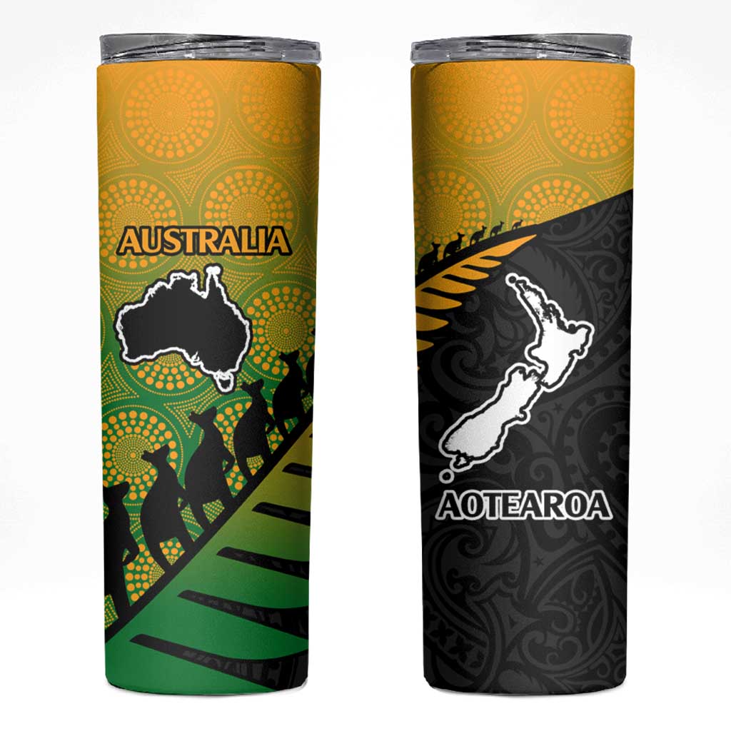 Australia New Zealand Rugby Skinny Tumbler Gradient Aboriginal Wallabies and Maori Black Fern - Aussie Hoodie
