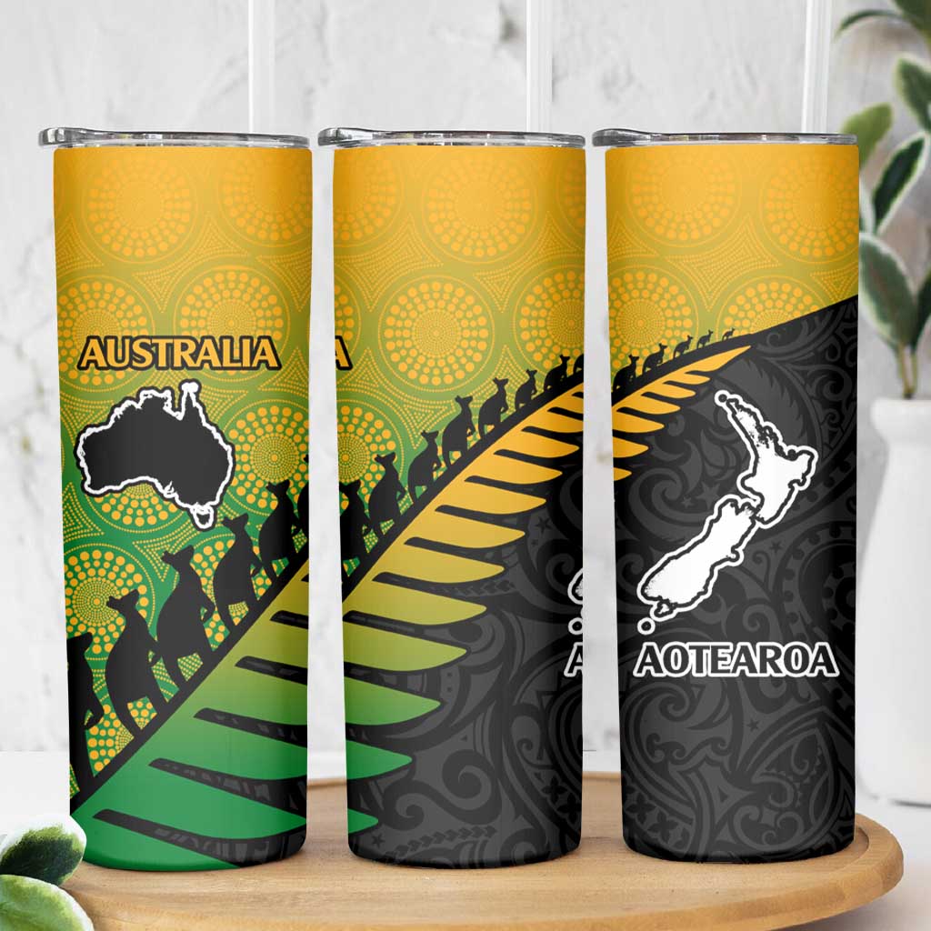 Australia New Zealand Rugby Skinny Tumbler Gradient Aboriginal Wallabies and Maori Black Fern - Aussie Hoodie