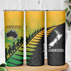 Australia New Zealand Rugby Skinny Tumbler Gradient Aboriginal Wallabies and Maori Black Fern - Aussie Hoodie