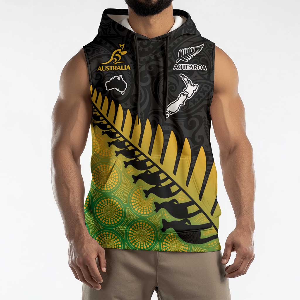 Australia New Zealand Rugby Sleeveless Hoodie Gradient Aboriginal Wallabies and Maori Black Fern - Aussie Hoodie