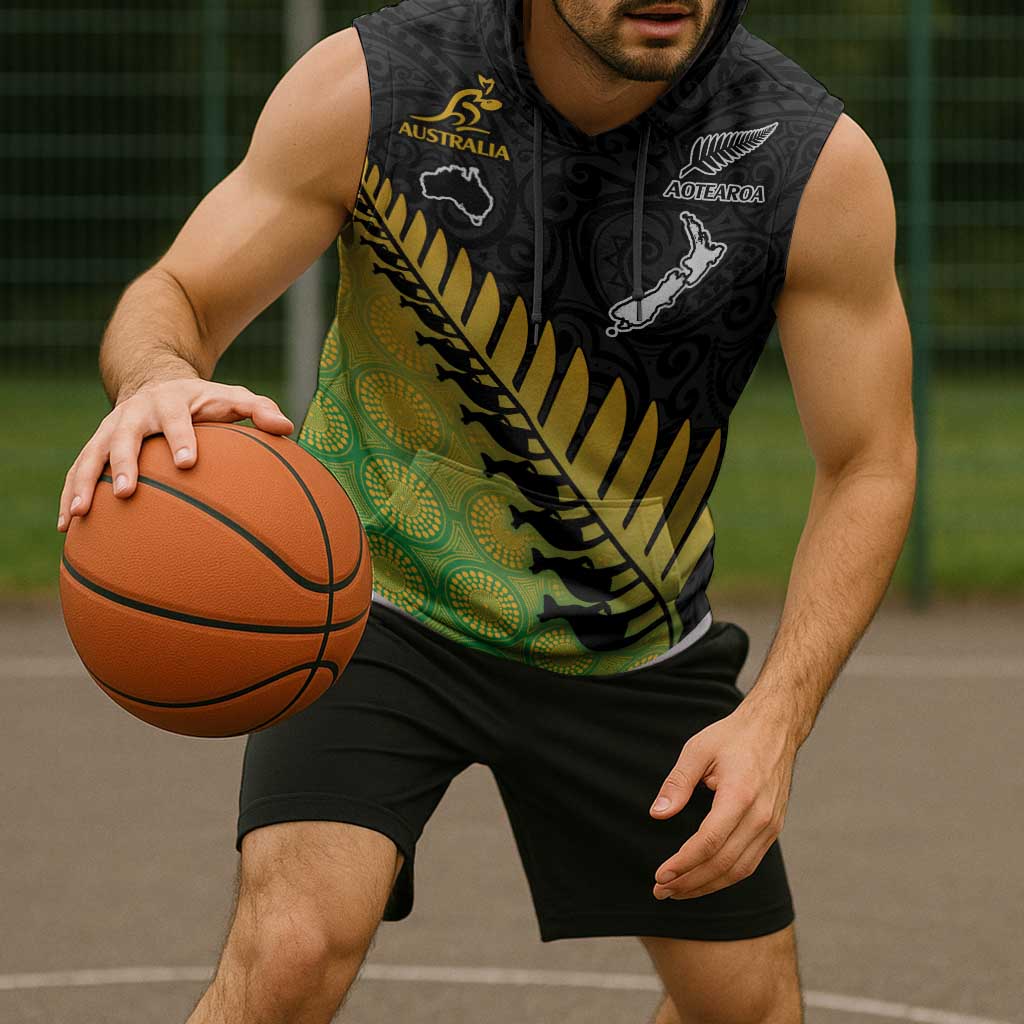 Australia New Zealand Rugby Sleeveless Hoodie Gradient Aboriginal Wallabies and Maori Black Fern - Aussie Hoodie