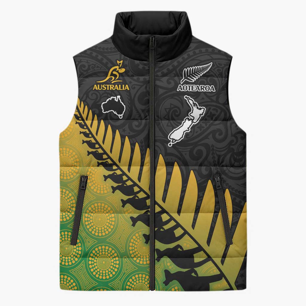 Australia New Zealand Rugby Sleeveless Puffer Jacket Gradient Aboriginal Wallabies and Maori Black Fern - Aussie Hoodie