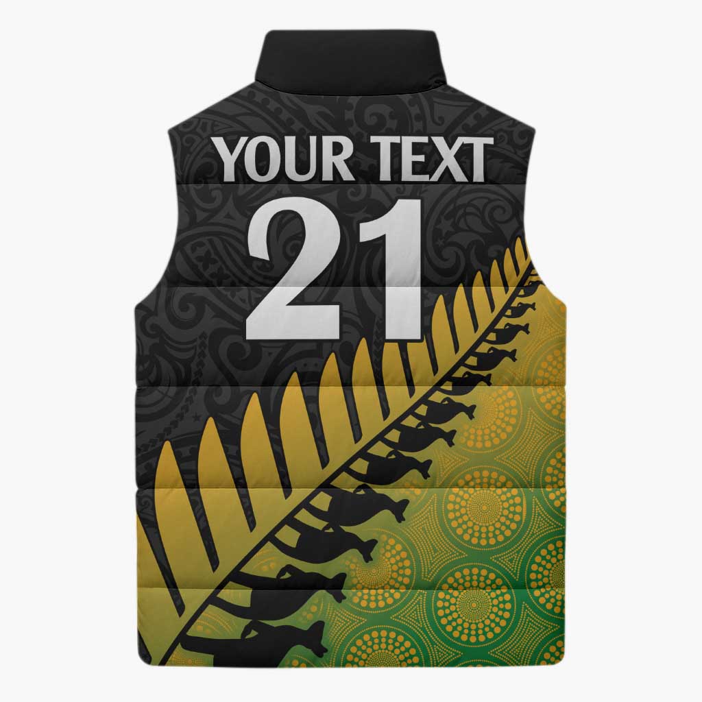 Australia New Zealand Rugby Sleeveless Puffer Jacket Gradient Aboriginal Wallabies and Maori Black Fern - Aussie Hoodie