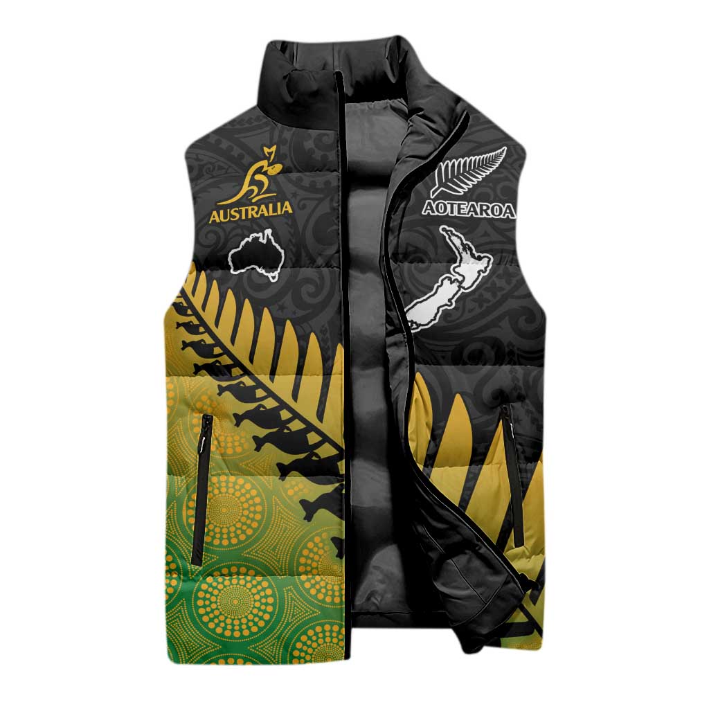 Australia New Zealand Rugby Sleeveless Puffer Jacket Gradient Aboriginal Wallabies and Maori Black Fern - Aussie Hoodie