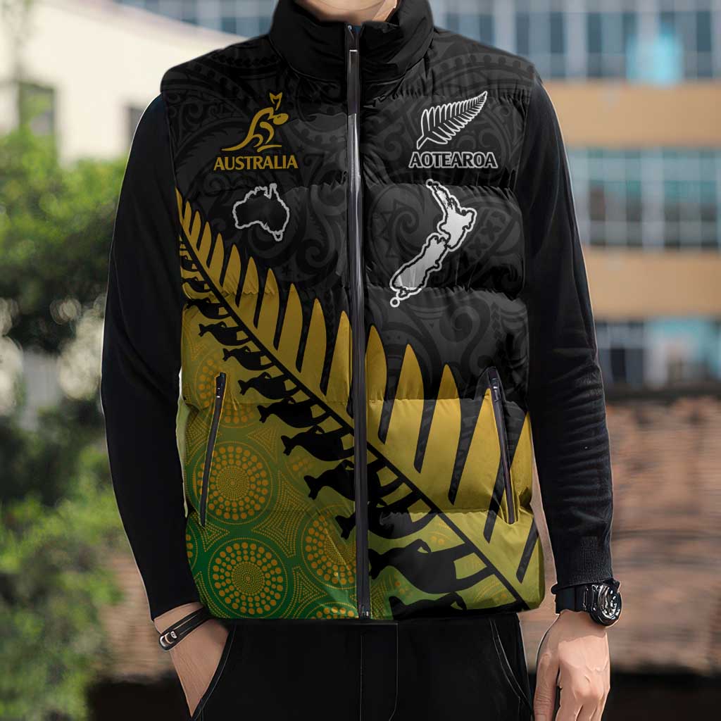 Australia New Zealand Rugby Sleeveless Puffer Jacket Gradient Aboriginal Wallabies and Maori Black Fern - Aussie Hoodie