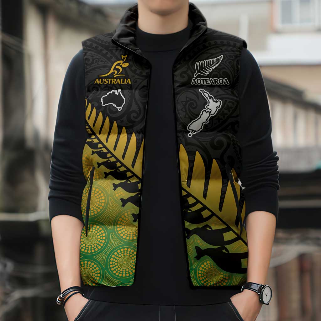 Australia New Zealand Rugby Sleeveless Puffer Jacket Gradient Aboriginal Wallabies and Maori Black Fern - Aussie Hoodie