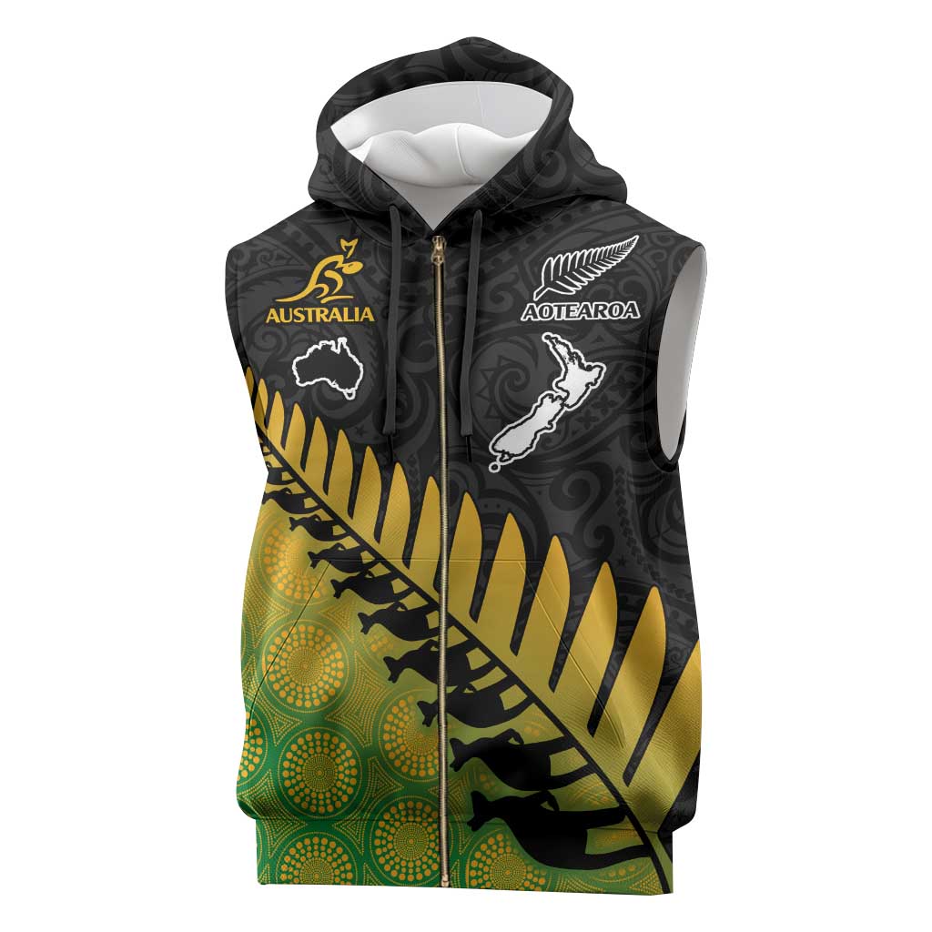 Australia New Zealand Rugby Sleeveless Zip Hoodie Gradient Aboriginal Wallabies and Maori Black Fern - Aussie Hoodie